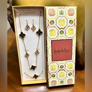 Nicole Miller Gold and Black Clover Necklace Earring Bracelet Set 3 in One